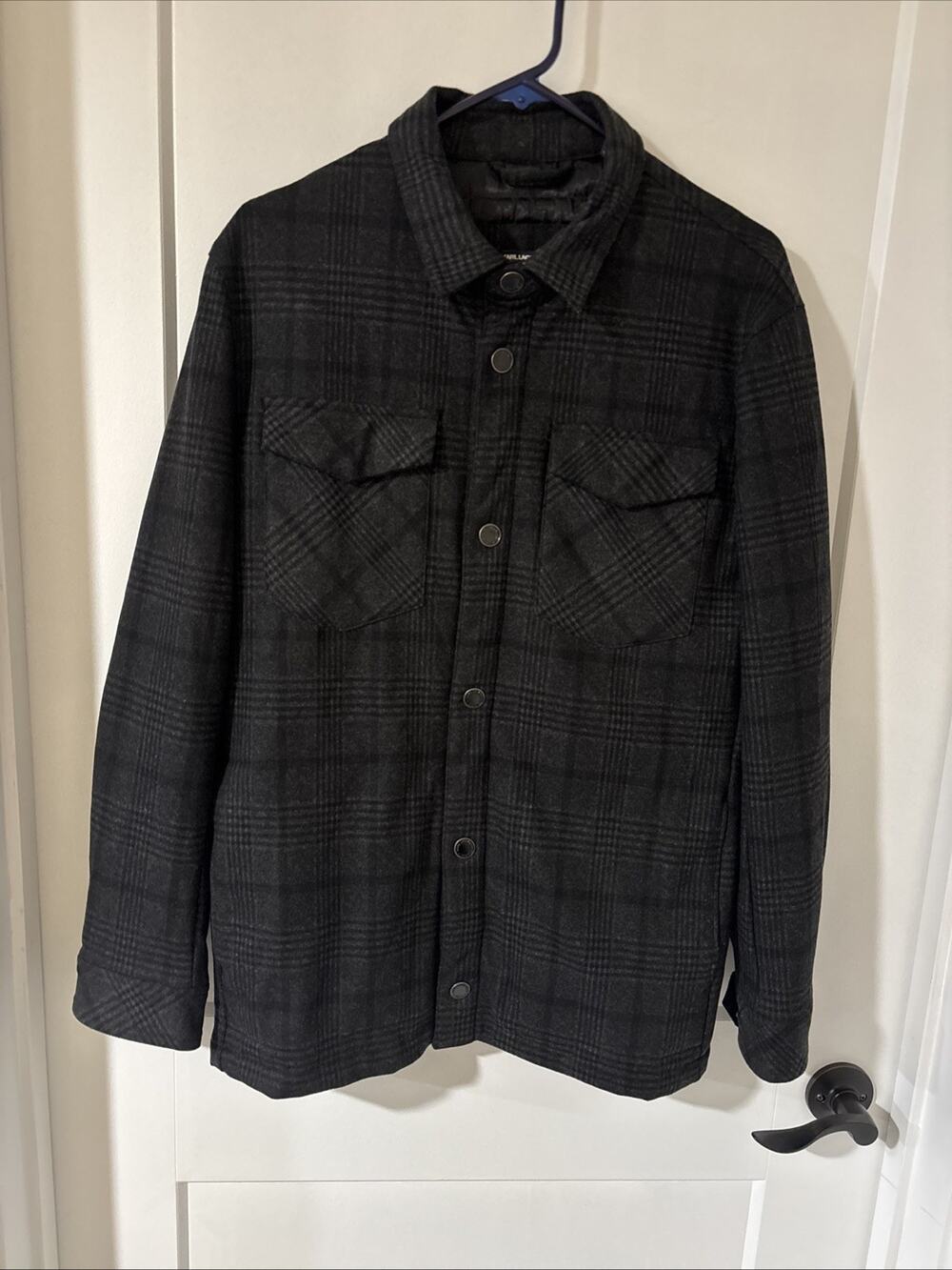 Karl Lagerfeld Paris Men Plaid Snap Up Shirt Jacket Black Grey Medium